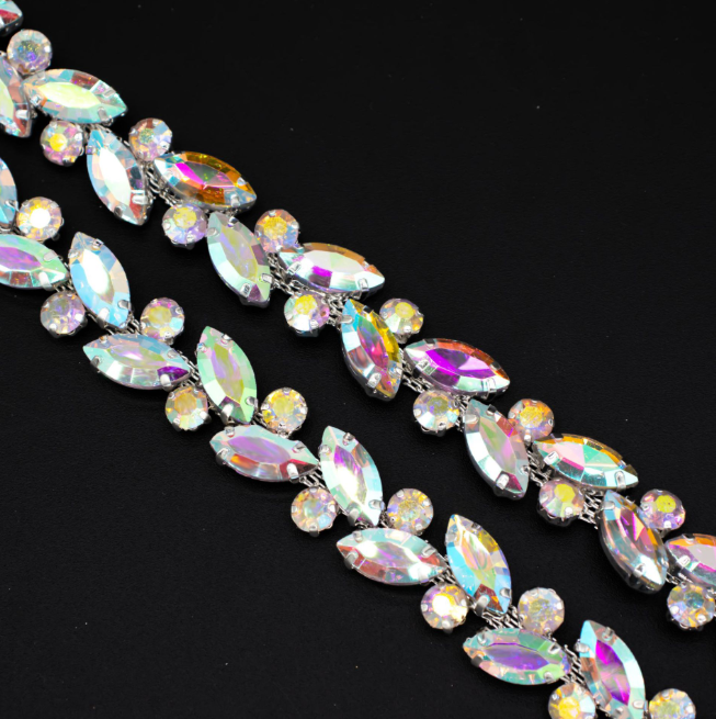 Marquise Rhinestone Chain Crystal Trimming Shiny Sew On Applique Costume Craft
