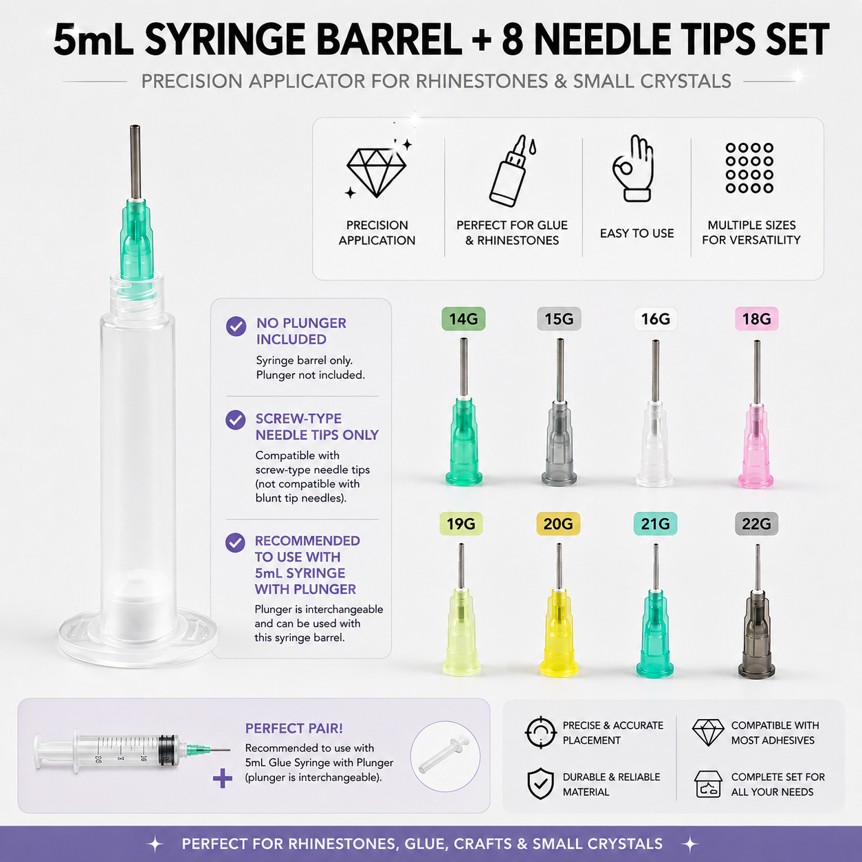 5ml Glue Syringe & Precision Needle Tip Kit Set for Rhinestone Application