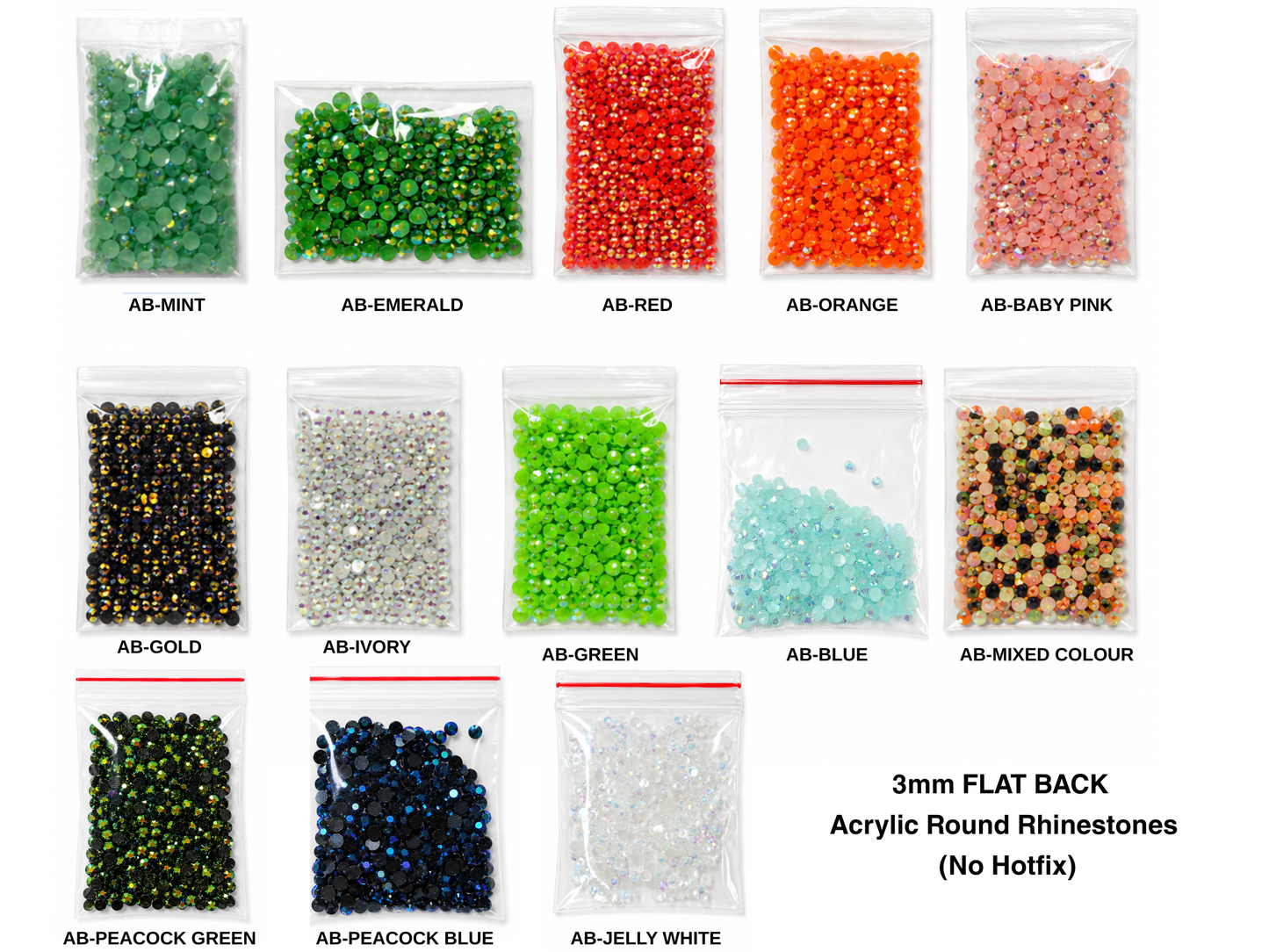 3mm AB FLAT BACK ACRYLIC ROUND RHINESTONES (No Hotfix)