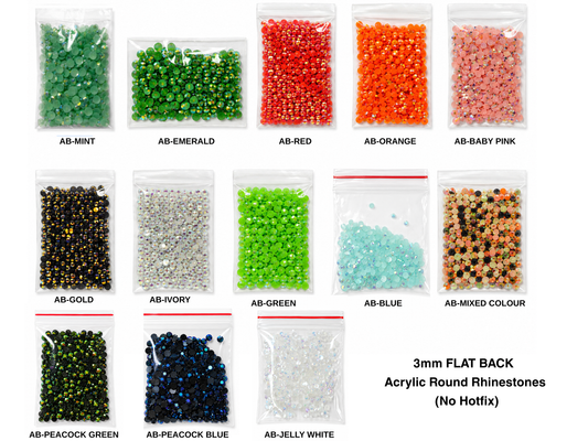 3mm AB FLAT BACK ACRYLIC ROUND RHINESTONES (No Hotfix)