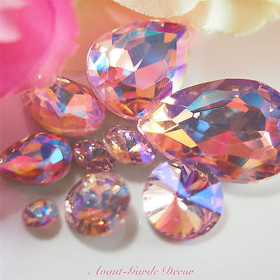 5pcs ABPink Diamante Teardrop Rivoli Beveled Glass Rhinestone Crystal