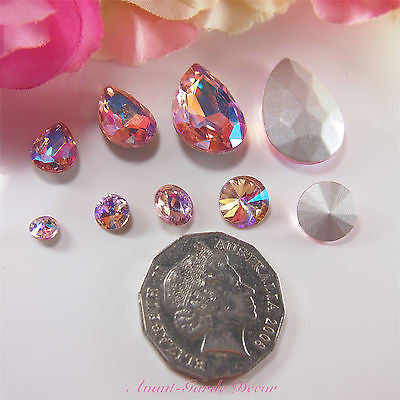 5pcs ABPink Diamante Teardrop Rivoli Beveled Glass Rhinestone Crystal