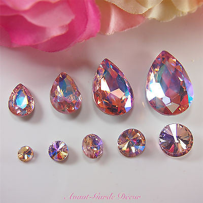 5pcs ABPink Diamante Teardrop Rivoli Beveled Glass Rhinestone Crystal